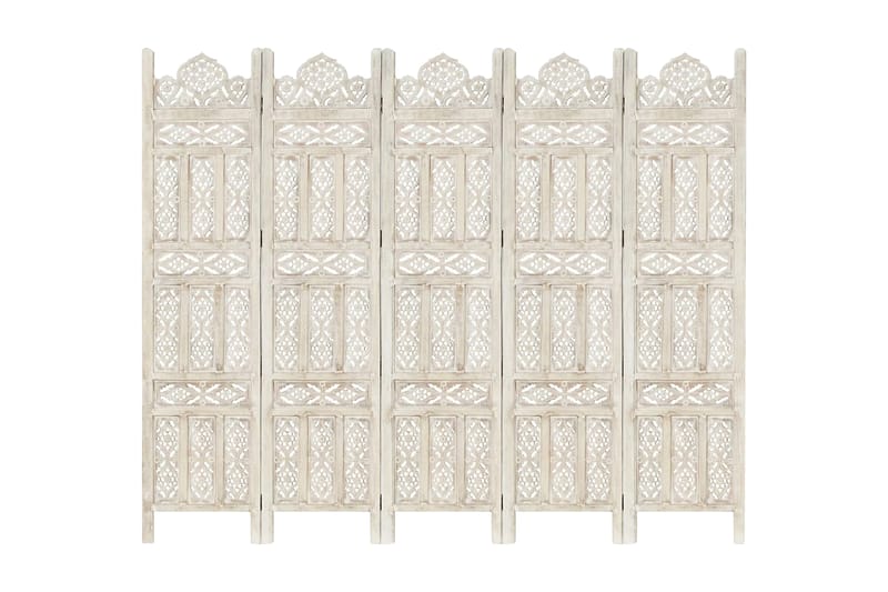 5-panels rumdeler håndskåret 200x165 cm massivt mangotræ hvi - Hvid - Skærmvæg - Rumdelere