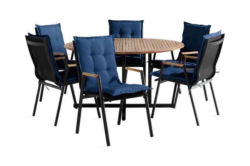 Lines Spisebordssæt + 6 Las Vegas lænestole m hynder - Blå / sort / teak - Havesæt