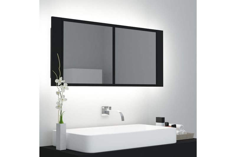 badeværelsesskab m. spejl + LED 100x12x45 cm sort - Sort - Spejlskabe