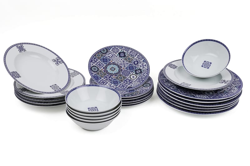 Adine Porcelæn Middagsservice 24 Dele Porcelæn - Hvid/Blå - Porcelæn - Tallerkener - Porcelæn service
