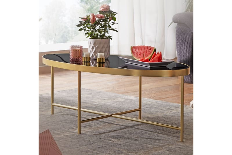 Dredyn Sofabord 110 cm Ovalt - Glas/Sort/Guld - Sofabord