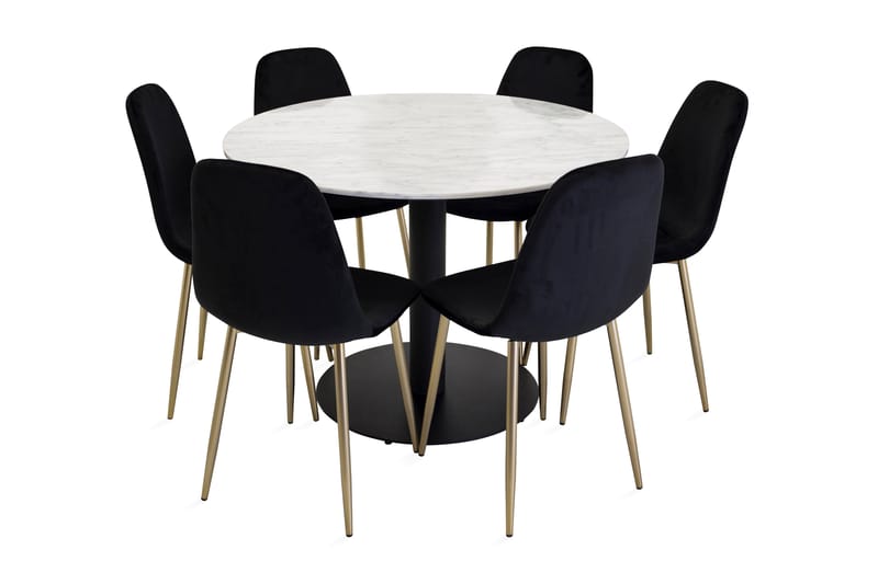 Admira Spisebordssæt 106 cm Rund marmor med 6 Pontus Køkken - Velour grå / sort - Spisebordssæt