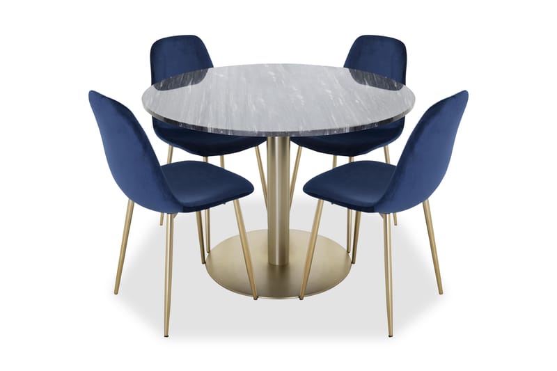 Admira Spisebordssæt Rund Marmor med 4 Pontus Stol Velour - Sort/Messing/Blå - Spisebordssæt