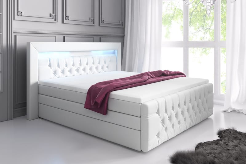 Franco Lyx Sengepakke 160x200LED-belysning - Hvid/Kunstl�æder - Komplet sengepakke - Seng med opbevaring - Dobbeltsenge