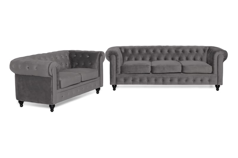 Chesterfield Lyx Sofagruppe 3-pers+2-pers Velour - Mørkegrå - Chesterfield sofagruppe