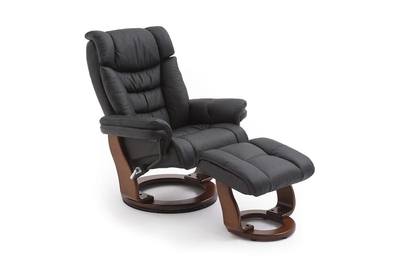 Toronto Lænestol med Puf Valnød - Læder/PVC Sort - Recliner lænestol - Læderstol - Lænestol med fodskammel
