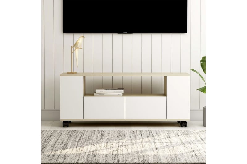 Tv-Skab 120x35x43 cm Spånplade Hvid Og Sonoma-Eg - Beige - TV-borde