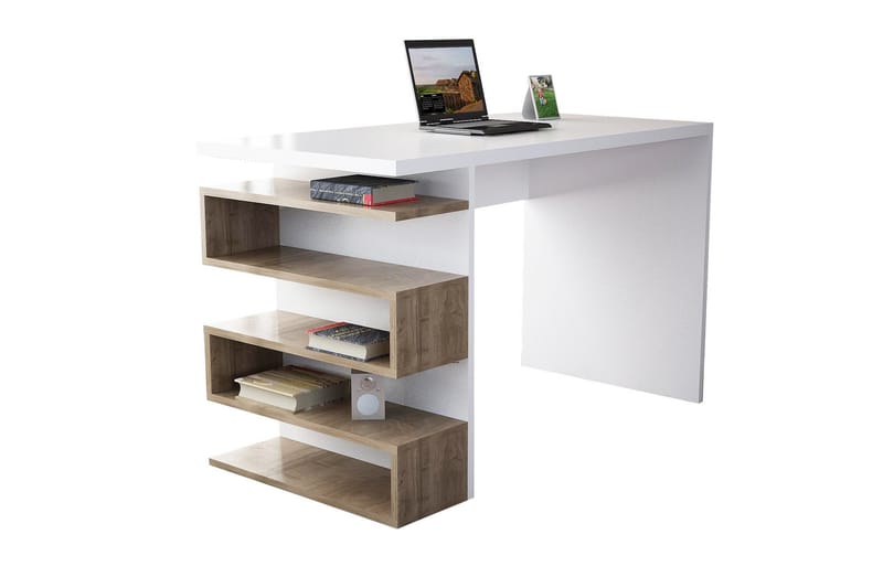 Asillane Skrivebord 120 cm med Sideopbevaring - Hvid/Valnøddebrun - Skrivebord