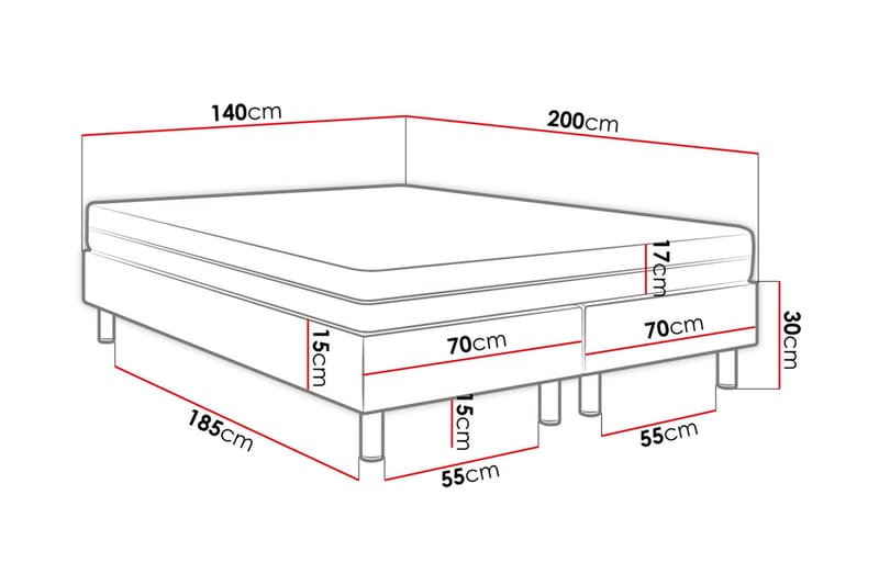 Adeliza Kontinentalseng 140x200 cm+Panel 40 cm - Sort - Komplet sengepakke