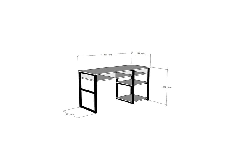 Dengeze Skrivebord 150 cm med Opbevaring 5 Hylder - Hvid/Sort - Skrivebord
