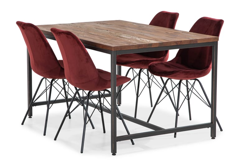 Wilmer Spisebordssæt 140 cm med 4 Shell Stol Velour - Brun/Rød - Spisebordssæt