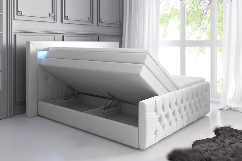 Franco Lyx Sengepakke 140x200LED-belysning - Hvid/Kunstlæder - Komplet sengepakke - Seng med opbevaring - Dobbeltsenge