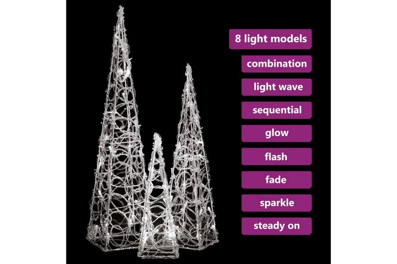 dekorativt LED-lyskeglesæt 30/45/60 cm akryl kold hvid - Øvrig julebelysning