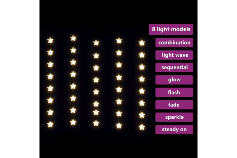 LED-lysgardin med stjerner 200 LED'er 8 funktioner varm hvid - Sort - Øvrig julebelysning