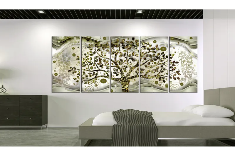 Billede Tree And Waves 5 Parts Green 200x80 - Artgeist sp. z o. o. - Boligtilbehør - Billeder & kunst - Billeder på lærred