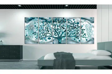 Billede Tree And Waves 5 Parts Blue 225x90 - Artgeist sp. z o. o. - Boligtilbehør - Billeder & kunst - Billeder på lærred