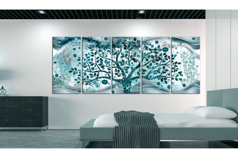 Billede Tree And Waves 5 Parts Blue 225x90 - Artgeist sp. z o. o. - Boligtilbehør - Billeder & kunst - Billeder på lærred