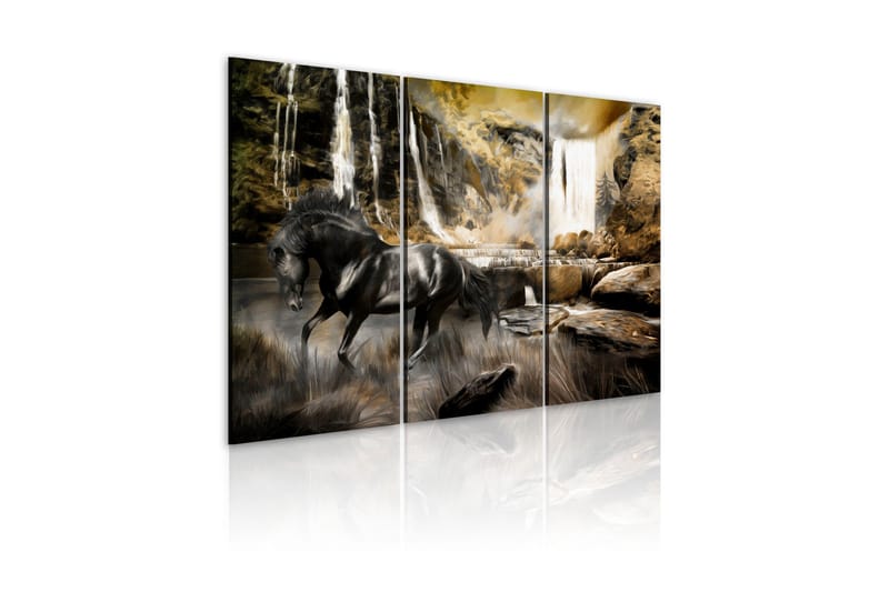 Billede Black Horse And Rocky Waterfall 120x80, Artgeist sp. z o. o.
