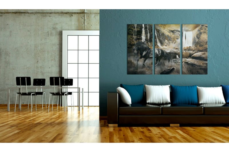 Billede Black Horse And Rocky Waterfall 60x40 - Artgeist sp. z o. o. - Boligtilbehør - Billeder & kunst - Billeder på lærred