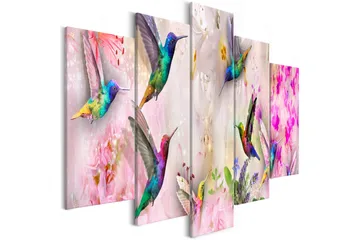 Billede Colourful Hummingbirds 5 Parts Wide Pink 100x50 - Artgeist sp. z o. o. - Boligtilbehør - Billeder & kunst - Billeder på lærred