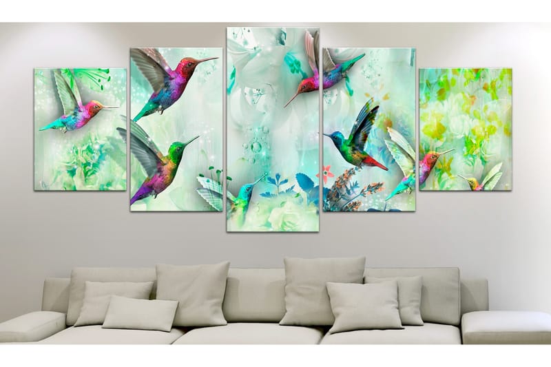 Billede Colourful Hummingbirds 5 Parts Wide Green 100x50 - Artgeist sp. z o. o. - Boligtilbehør - Billeder & kunst - Billeder på lærred