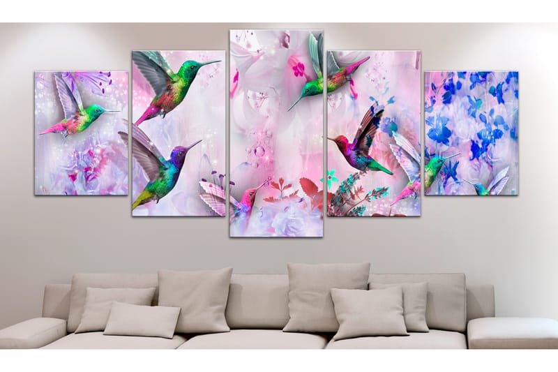 Billede Colourful Hummingbirds 5 Parts Wide Violet 100x50 - Artgeist sp. z o. o. - Boligtilbehør - Billeder & kunst - Billeder på lærred