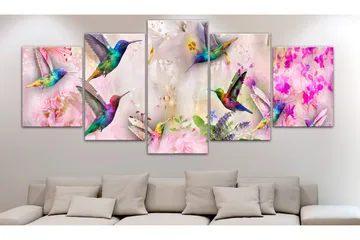 Billede Colourful Hummingbirds 5 Parts Wide Pink 100x50 - Artgeist sp. z o. o. - Boligtilbehør - Billeder & kunst - Billeder på lærred