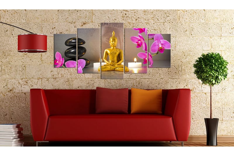 Billede Golden Buddha And Orchids 100x50 - Artgeist sp. z o. o. - Boligtilbehør - Billeder & kunst - Billeder på lærred