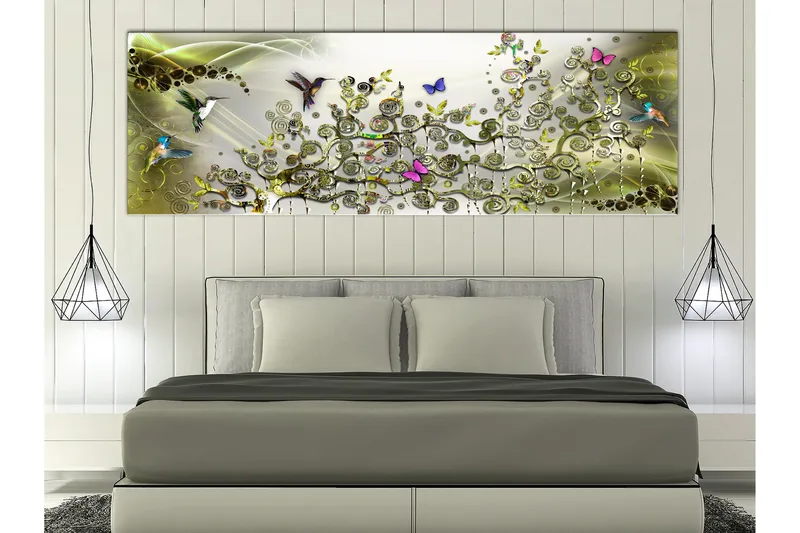 Billede Hummingbirds Dance (1 Del) Grøn Smal 135x45 - Artgeist sp. z o. o. - Boligtilbehør - Billeder & kunst - Billeder på lærred