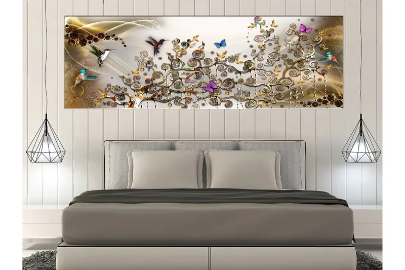 Billede Hummingbirds Dance (1 Del) Guld Smal 120x40, Artgeist sp. z o. o.