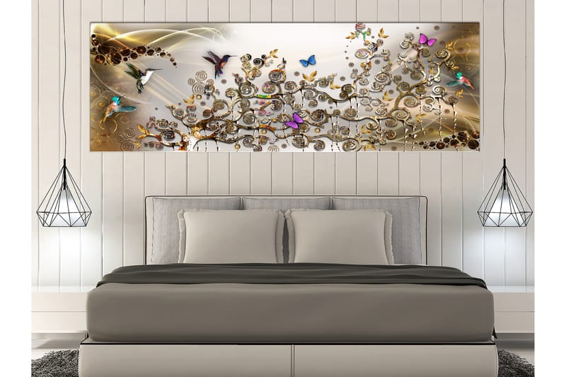 Billede Hummingbirds Dance (1 Del) Guld Smal 120x40 - Artgeist sp. z o. o. - Boligtilbehør - Billeder & kunst - Billeder på lærred