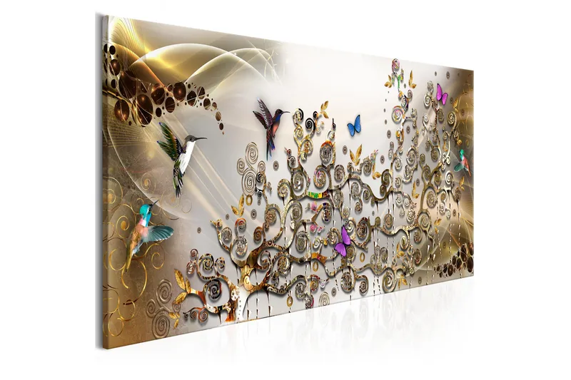 Billede Hummingbirds Dance (1 Del) Guld Smal 135x45 - Artgeist sp. z o. o. - Boligtilbehør - Billeder & kunst - Billeder på lærred