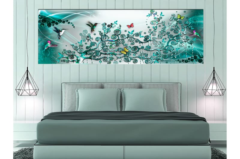 Billede Hummingbirds Dance (1 del) turkis smal 120x40 - Artgeist sp. z o. o. - Boligtilbehør - Billeder & kunst - Billeder på lærred