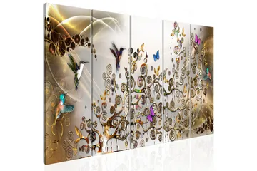 Billede Hummingbirds Dance 5 Parts Gold Narrow 225x90 - Artgeist sp. z o. o. - Boligtilbehør - Billeder & kunst - Billeder på lærred