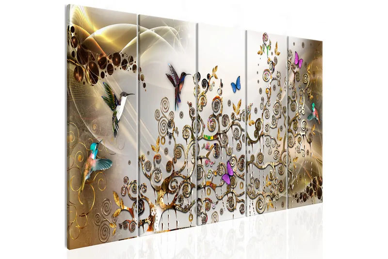 Billede Hummingbirds Dance 5 Parts Gold Narrow 225x90, Artgeist sp. z o. o.