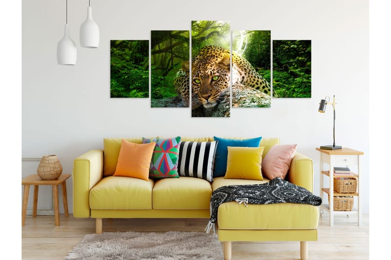 Billede Leopard Lying 5 Parts Wide Green 200x100 - Artgeist sp. z o. o. - Boligtilbehør - Billeder & kunst - Billeder på lærred