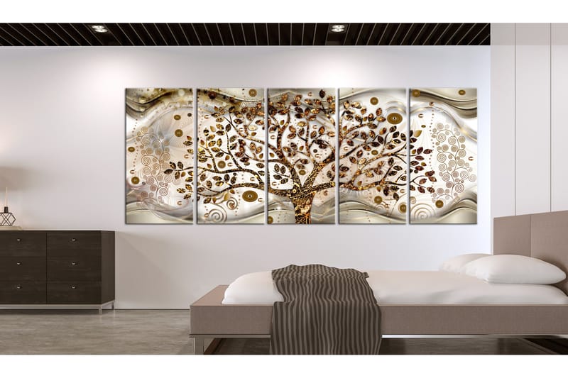 Billede Tree And Waves 5 Parts Brown 200x80 - Artgeist sp. z o. o. - Boligtilbehør - Billeder & kunst - Billeder på lærred