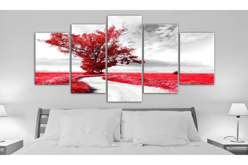 Billede Tree Near The Road 5 Parts Red 200x100 - Artgeist sp. z o. o. - Boligtilbehør - Billeder & kunst - Billeder på lærred
