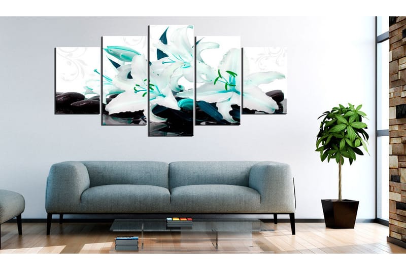 Billede Turquoise Lilies And Stones 100x50 - Artgeist sp. z o. o. - Boligtilbehør - Billeder & kunst - Billeder på lærred
