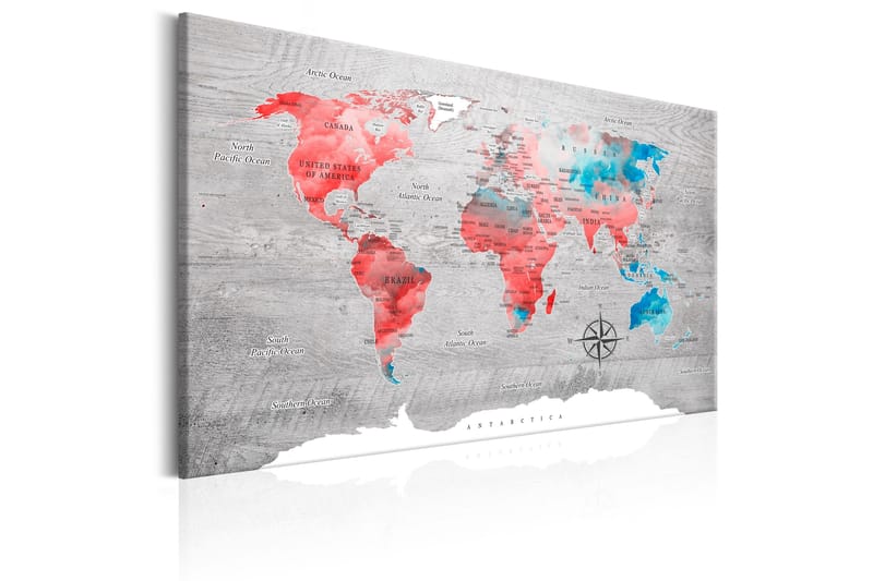 Billede World Map: Red Roam 60x40 - Artgeist sp. z o. o. - Boligtilbehør - Billeder & kunst - Billeder på lærred