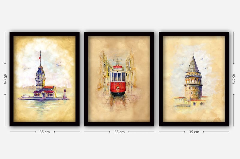 Dekorativ indrammet maleri 3-Dele 35x45 cm - Flerfarvet - Boligtilbehør - Billeder & kunst - Billeder på lærred