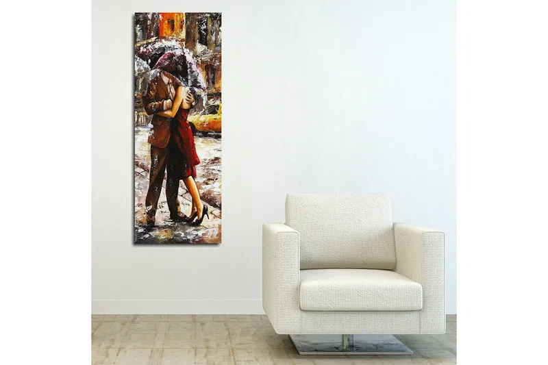 Lærred 30x80 cm - Romantisk dans under en paraply i regnvejr - Rød / Brun / Grå - Boligtilbehør - Billeder & kunst - Billeder på lærred