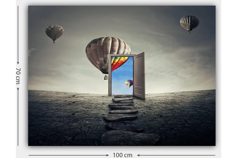 Lærred 70x100 cm - Åben dør, der fører til en farverig himmel med varmluftballoner, der svæver over et goldt landskab - Grå / Beige / Rød - Boligtilbehør - Billeder & kunst - Billeder på lærred