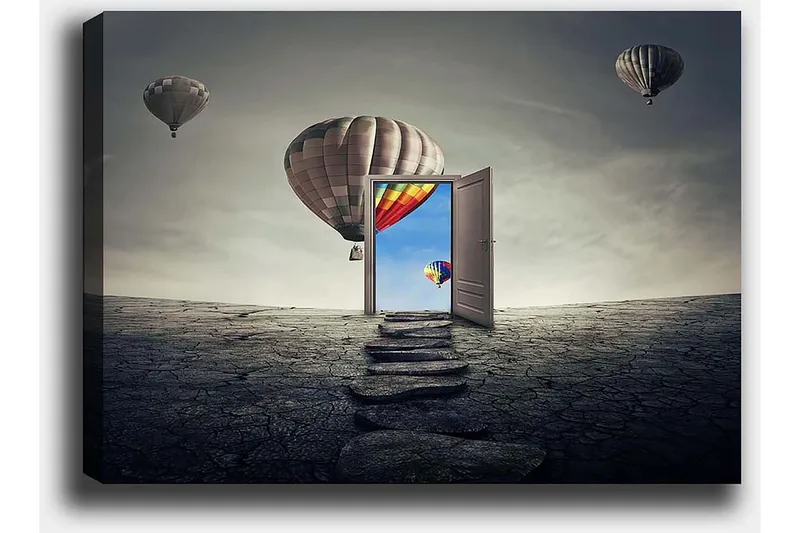 Lærred 70x100 cm - Åben dør, der fører til en farverig himmel med varmluftballoner, der svæver over et goldt landskab - Grå / Beige / Rød - Boligtilbehør - Billeder & kunst - Billeder på lærred