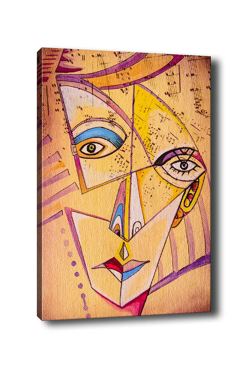 Lærred 70x100 cm - Abstrakt ansigt med geometriske former og stærke farver, Gul / Blå / Lyserød