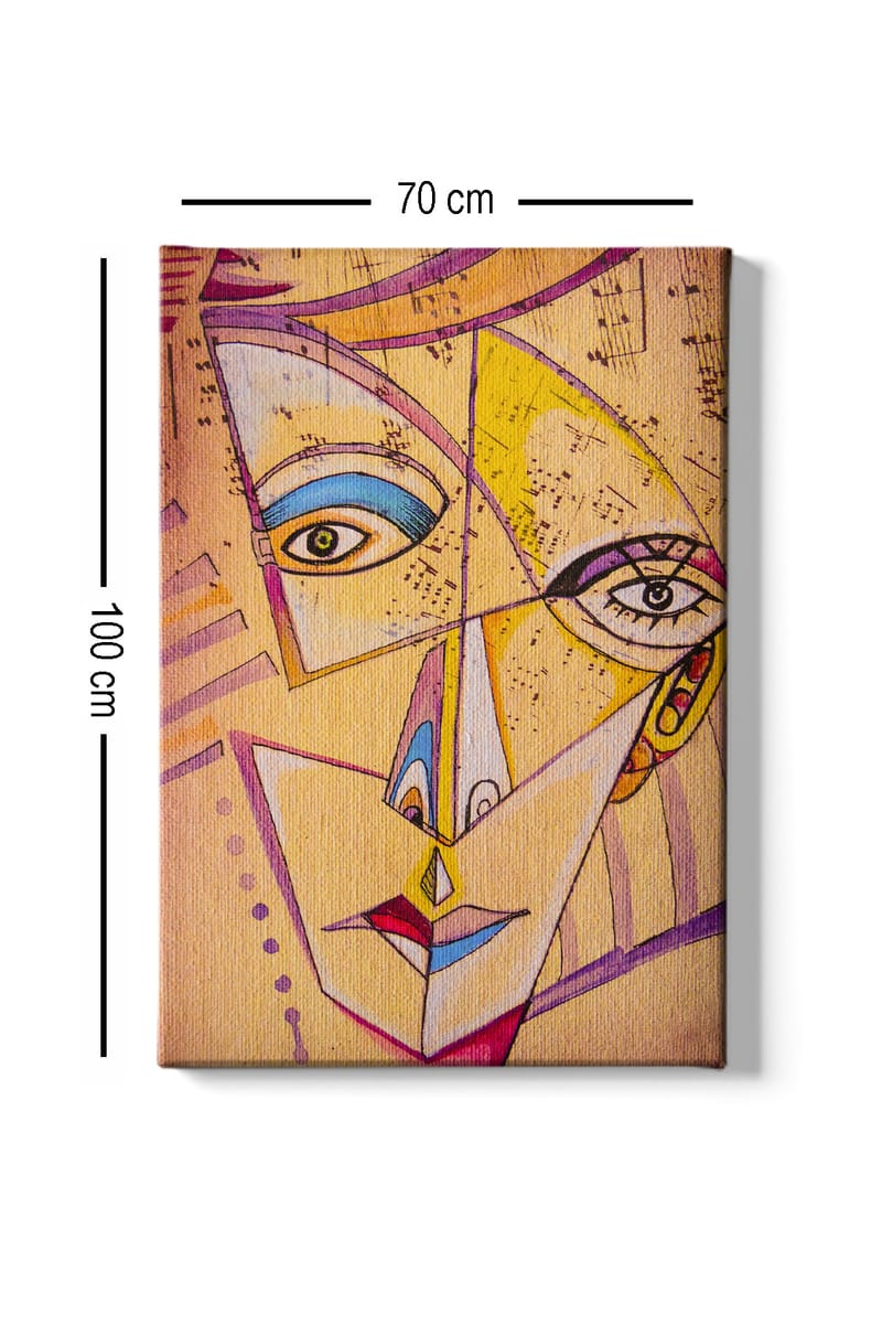 Lærred 70x100 cm - Abstrakt ansigt med geometriske former og stærke farver - Gul / Blå / Lyserød - Boligtilbehør - Billeder & kunst - Billeder på lærred