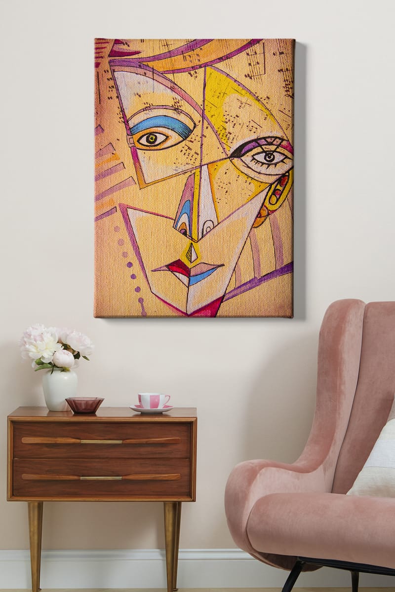Lærred 70x100 cm - Abstrakt ansigt med geometriske former og stærke farver - Gul / Blå / Lyserød - Boligtilbehør - Billeder & kunst - Billeder på lærred