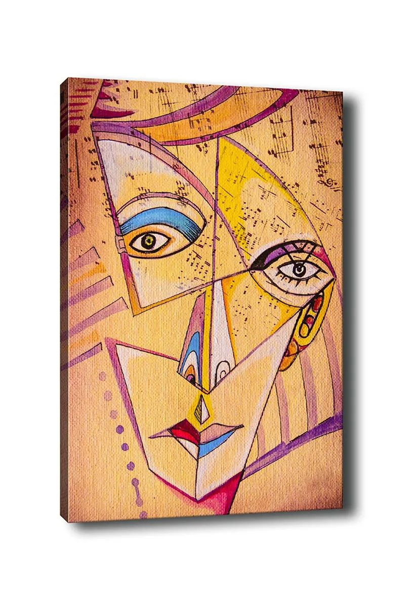 Lærred 70x100 cm - Abstrakt ansigt med geometriske former og stærke farver, Gul / Blå / Lyserød