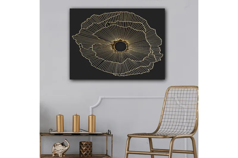 Lærred 70x100 cm - Abstrakt blomst med guldlinjer på sort baggrund, Guld / Sort