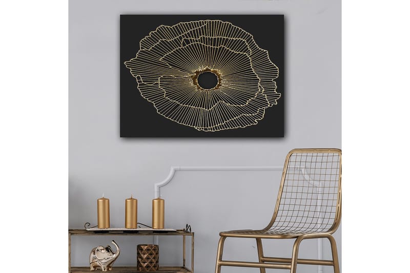 Lærred 70x100 cm - Abstrakt blomst med guldlinjer på sort baggrund, Guld / Sort